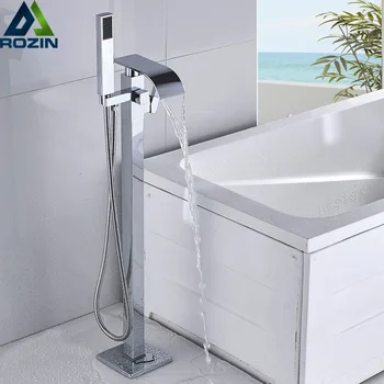 Луксозна вана, мивка, кран на външен хром водопад смесители за баня, отделно стоящи топла и студена вана душ ръчен душ