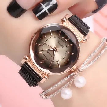 Луксозни модни дамски часовници геометрична римска цифра кварцов дамски часовник с Магнит обтегач мрежест каишка за часовник злато Reloj Mujer