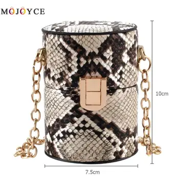 Мини цилиндрична форма рамото Messenger чанта за жени INS змия печат ПУ верига кофа изкуствена кожа Crossbody чанта