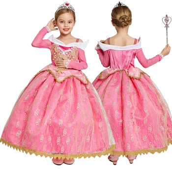 Момичета Аврора рокля Bebe розово Спящата красавица облечи цветя Flare ръкав прекрасна конкурс Рокля за момичета, деца Аврора перука