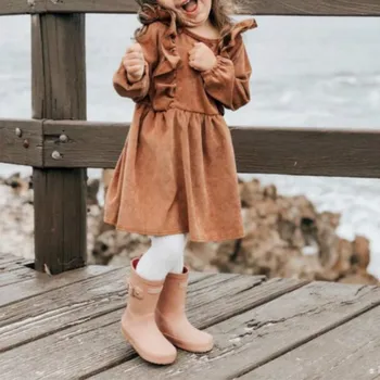 Нов 2019 Ins Европейски и американски дете есента рокля зима момичета от рипсено Кадифе, Ruched детската памук облечи момичето сладък рокля,#5377