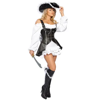 Нови секси костюми Карибски пирати,жена пират cosplay с дълъг кожен палта за жени прикриване на Хелоуин костюм, определени