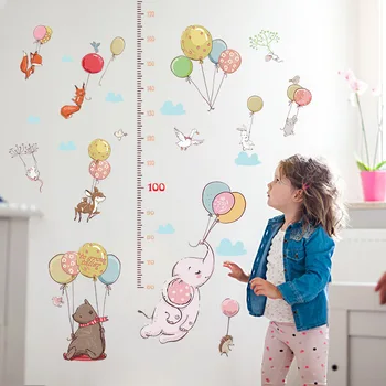 Новият сладък слон с въздушно топка карикатура на животните стикери за стена на Височина линия на мярка за детска стая изкуство за декорация на дома етикети