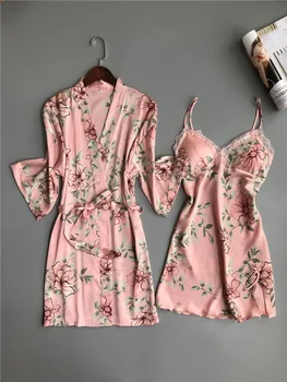 Нощни ризи, Дамски пижами сатен пижами пижами Коприна домашно облекло Завързана домашен халат отличителни накладки Sleep Lounge пижами розово бяла 3 броя