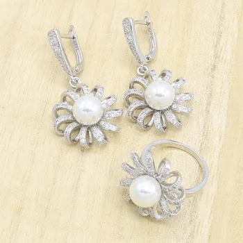 Перлени бижута за жени бял кристал сребърен цвят обеци, огърлица, пръстен, гривна сватбена украса Коледен подарък