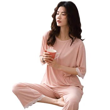 Пижамные комплекти за жени с къс ръкав от дантела O образно деколте елегантни жилетки и Дамски пижами корейски стил на печатни свободен просто случаен сън