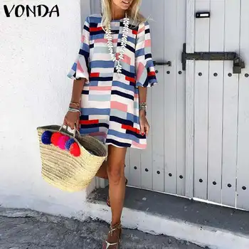 Плюс размер VONDA Summer Dress 2021 Women Plaid Mini Dress Holiday Beach Party Half Flare Sleeve Секси Streetwear Casual Vestido