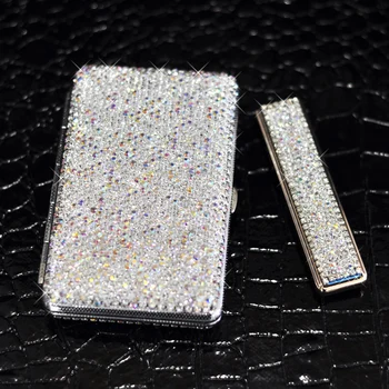 Преносим жени Diamond портсигар запалка Crystal тънък притежателя на цигари, Кутия за 14 броя цигари, USB зареждане на запалки