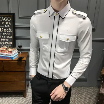 Пролетни нови мъжки социални ризи с дълъг ръкав предни джоба Slim Fit Casual Shirt Dress Night Club Blouse Homme Plus Size Shirt Men