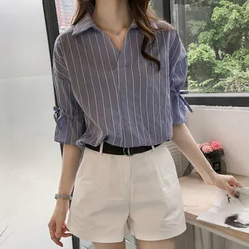 Ризи Дамски елегантни Ulzzang Harajuku Soft All-match пролет лято корейски стил с къс ръкав ивица Свободна ежедневни дамски дрехи