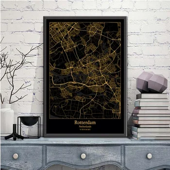 Ротердам-Холандия Black&Gold City Light Custom Maps World City Map Плакати Платно Щампи Nordic Style Wall Art Home Decor
