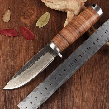 Ръчно изработени Дамасский ловен нож открит къмпинг ножове с фиксирано острие Bushcraft survival tool кожена дръжка тактическа фаса обвивка