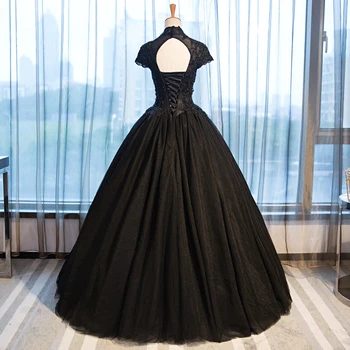 Сватбена рокля 2019 висока шия във дантела черните сватбени рокли елегантен плюс размер с къс ръкав Crystal дълга рокля Mariee De CH057