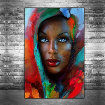 Сини очи абстрактна африканска жена платно изкуство, картини на стената на художествени плакати и щампи черна жена художествени картини начало декор