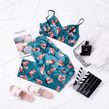 Хечан Фокс Pattern жени домашно облекло спагети каишка печат панталони срещу врата сатен пижами секси пижама комплект зимни дрехи за ежедневен сън