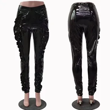Черни панталони от изкуствена кожа за дамски панталони push up с висока талия и тесни тесни панталони секси къдри клубни панталони за партита дамски Готик
