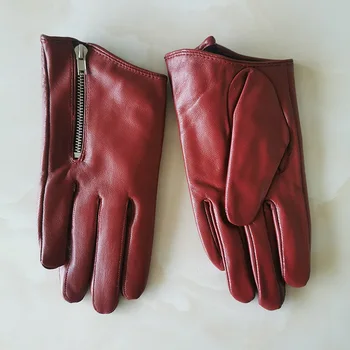 Чиста овча кожа естествена кожа, дамски ръкавици кратък стил червено с цип европейската версия на френска елегантност дамски ръкавици TB84