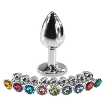 12 цвят за избор на 41 * 95 мм и голям размер сребърен метал анален плъгин задника скъпоценен камък секс играчки за мъже жени
