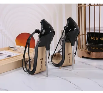 16 см токчета за жени кръст-чрез шнурове лачена кожа Дама обувки римски стил шоу Модел Дамски обувки размер 44 мода Шило PVC