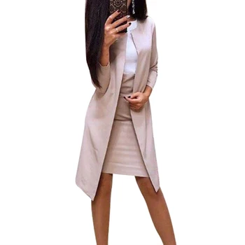 2 елемента офис дамски костюми комплект есен плътен цвят дълъг блейзър яке Bodycon мини поли 2 бр комплект дамски костюми сако feminino
