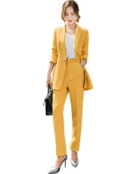 2019 нов женски костюм есенна мода жълт дълъг раздел западен тънък корпус тънки панталони два комплекта темпераментна женски дрехи