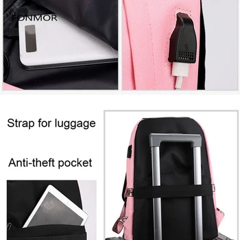 2019 нова светлина USB зареждане на жените раница мода писма печат училищна чанта тийнейджър момиче лента раница Mochila Sac-Dos