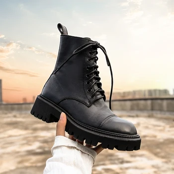 2020 зима естествена кожа дамски ботуши през цялата чорап дамски обувки новата платформа дантела-къси Мартин ботуши черни ботуши