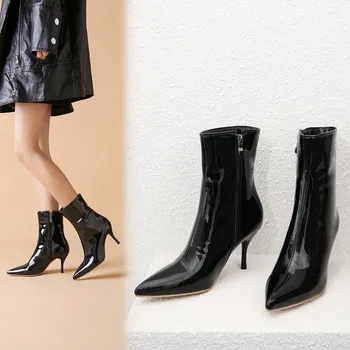 2020 модни ботуши нови дамски ботуши ботильоны изкуствена кожа с цип дамски обувки на високи токчета есенни ботуши Дамски обувки бял черен