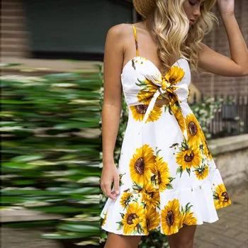 2020Summer Sunflower Dress Women Party Dress Plus Size Flower Beach Dress Female Floral без гръб Midi Шарени Dress Ladies 3XL