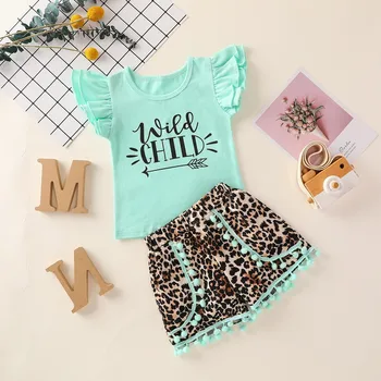2021 New Toddle Kids Baby Girls Letter T shirt Върховете Leopard-Print Shorts Outfits Set Short Sleeve Clothes Roupao Infantil#Y