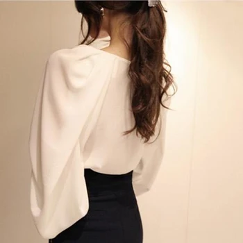 2021 пролет лято Бял корейски блуза XXL шифон жени се за Офис облекло Латерн ръкав Blusas Femininas бутона дамски блузи