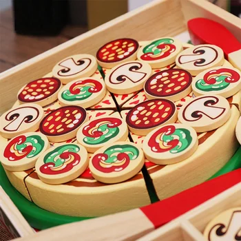 64 бр преструвам се играе дървена пица играчка за деца, пица да играе храната комплект, подходящ за деца пица страна храна за готвене и рязане на дървени играта