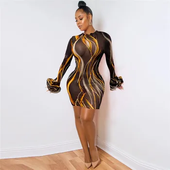 ANJAMANOR Чисто Mesh Print Flare Long Sleeve Bodycon Plus Dress Size Fall Fashion Clothes for Women Club Sexy Dresses D52-CC19