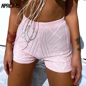 Aproms Elegant Candy Color Twist плетени шорти дамски градинска облекло плажни ластични шорти с висока талия 90s Cool Girls Pink Bottom 2021