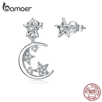 Bamoer сребро 925 звездите и Луната асиметрия обеци розово за жени луксозни сватбени бижута CZ 925 сребро, бижута SCE813