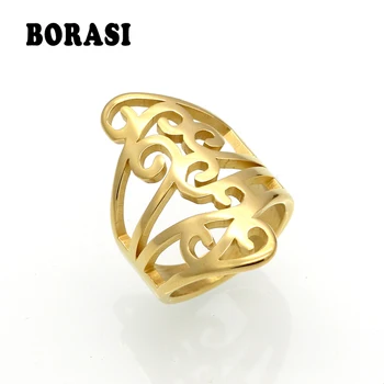 BORASI Women Rings Stainless Steel Charm Finger Knuckle Flower Hollow Out Band Ring Gold Тона Cocktail Fashion Jewelry 2017