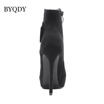 BYQDY велур на платформа ботильоны жени 13 см тънък ток през цялата чорап ботуши обтегач дами Есен Зима работна обувки страна цип диапазон 34-40