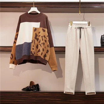 CBAFU M-4XL oversize свободен пуловер дамски комплект от две части зима леопард мозайка плетене на пуловери молив вълнени панталони комплект P818