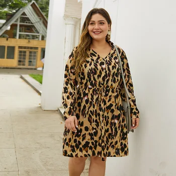 DOIB Women Leopard-Print Dress V образно деколте пълен фенер ръкав пояс, плюс рокля размер 2020 мода свободно ежедневна рокля