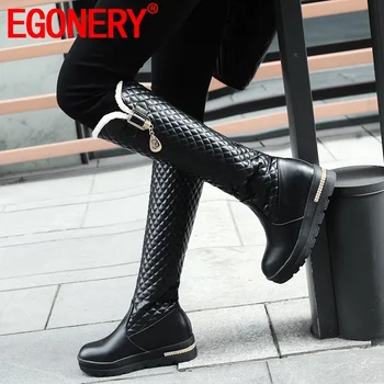 EGONERY зима Нов ежедневни коляното ботуши отвън топли високи токчета през цялата чорап метални орнаменти плюс размера на Дамски обувки капка