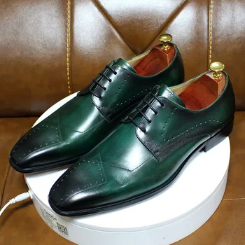FELIX CHU луксозни мъжки обувки от естествена кожа Brogue дерби обувки за мъже зелен черна дантела бизнес-шик обувки сватба