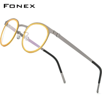 FONEX ацетат сплав очила на Мъже, Жени старомодни кръгли очила рамки късогледство оптични рамки рецепта Безвинтовые очила 98625