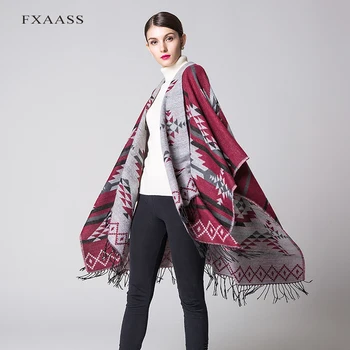 FXAASS новата есенно-зимна Шал мода Nationalit пончо женски шал дъждобран луксозна пискюл кашмир шалове топло пашмина
