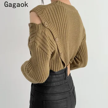 Gagaok women Office Lady вязаный пуловер 2020 пролет есен нова О-образно деколте пълен копчета пуловери плътен тънък и шик ретро пуловер k4002