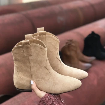 [GOGD]модни кожени обувки челси женски есен/зима 2020 ботильоны за жени набит ботуши на висок ток плоски обувки