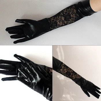 Helisopus Секси Дантела Faux Leather мозайка дълги ръкавици дами черно пълен пръст етикет Performance Party ръкавици cosplay