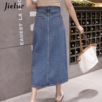 Jielur жени пола Души корейски стил Висока Талия, поли, дънки дами плюс размер S-5XL дамски причинно джобове Faldas Largas Verano