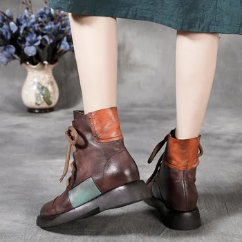 Johnature есенни обувки Дамски обувки 2020 Новата естествена кожа дантела смесени цветове през цялата чорап шиене ръчно изработени глезена Дамски ботуши
