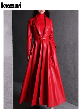 Nerazzurri високо качество червен черен макси кожа тренчкот за жени с дълъг ръкав удължен первази палто плюс размера на мода