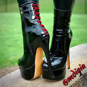 Onlymaker дамски платформа лачена кожа на висок ток глезена обувки през цялата стелката на обувки на висок ток модни ботуши, плюс голям е размерът на US5~15